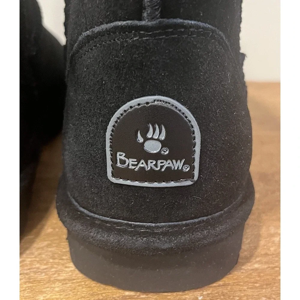 NEW Bearpaw Elle Short 1962W Black Suede Sheepskin Boots Women's Size 7 NWT Box